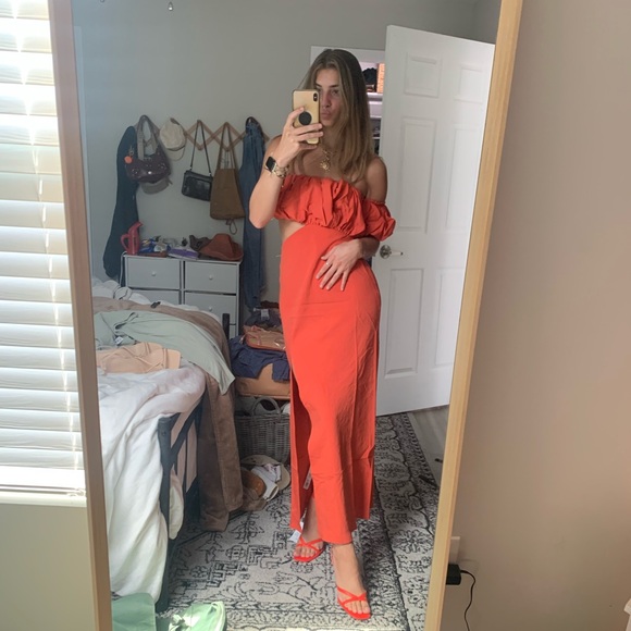 Rust orange / red linen off the shoulder midi dress - Picture 6 of 6